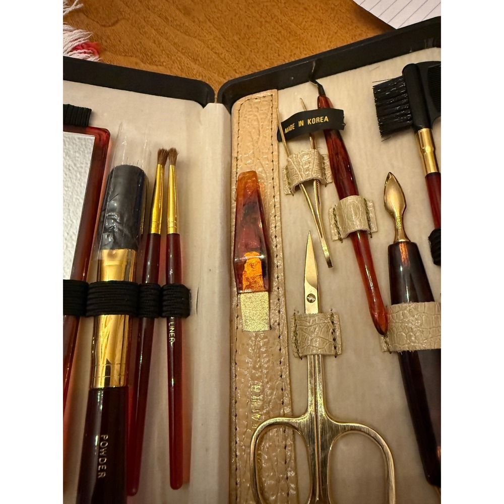 Vintage Travel Manicure Pedicure Makeup Brush Set Brown Faux Croc Case 10 pc - Picture 12 of 16